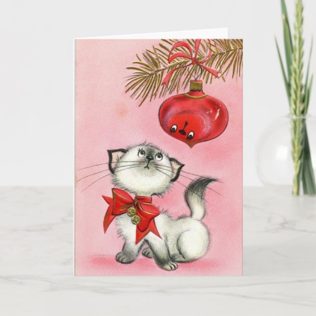 Vintage Christmas White Kitty Holiday Card (Front)