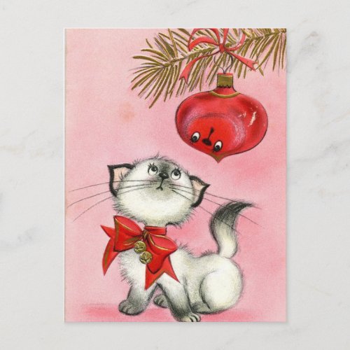 Vintage Christmas White Kitty Holiday Postcard