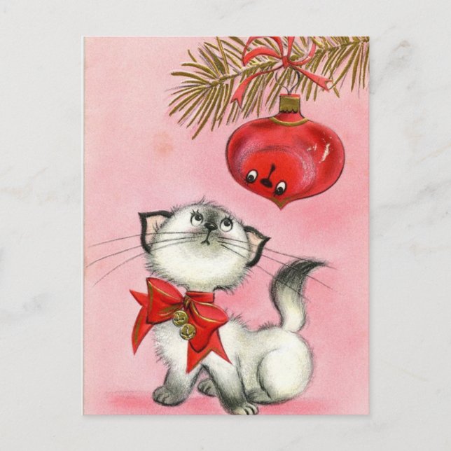 Vintage Christmas White Kitty Holiday Postcard (Front)