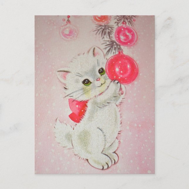 Vintage Christmas White Kitty Holiday Postcard (Front)