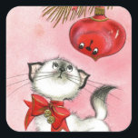 Vintage Christmas White Kitty Square Sticker<br><div class="desc">Vintage Christmas White Kitty</div>