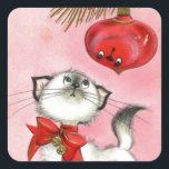 Vintage Christmas White Kitty Square Sticker<br><div class="desc">Vintage Christmas White Kitty</div>