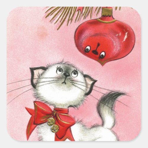 Vintage Christmas White Kitty Square Sticker