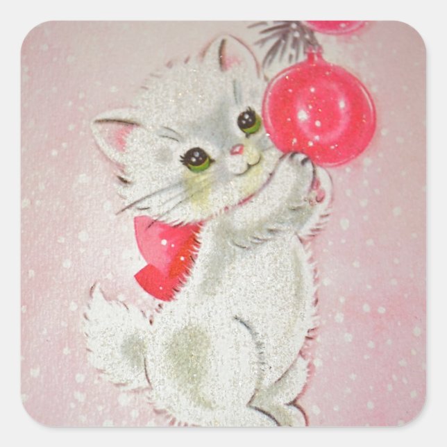 Vintage Christmas White Kitty Square Sticker (Front)