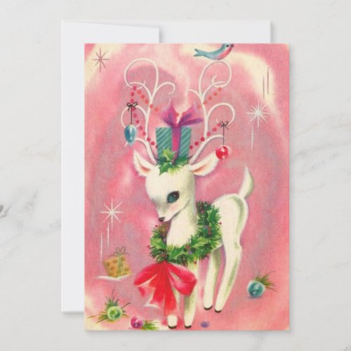 Vintage Christmas White Reindeer Holiday Card