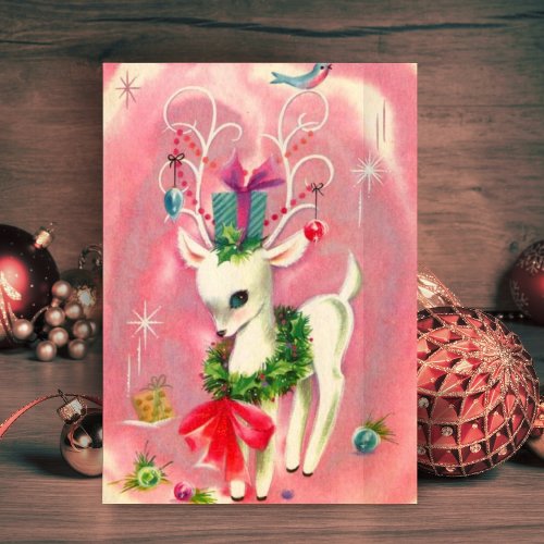 Vintage Christmas White Reindeer Holiday Card