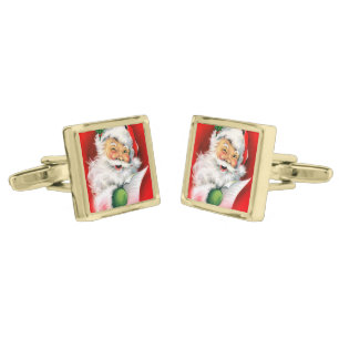 Vintage Christmas Winking Santa Gold Cufflinks