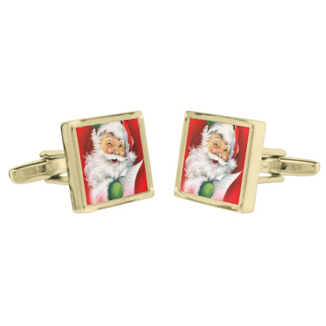Vintage Christmas Winking Santa Gold Cufflinks (Angled)