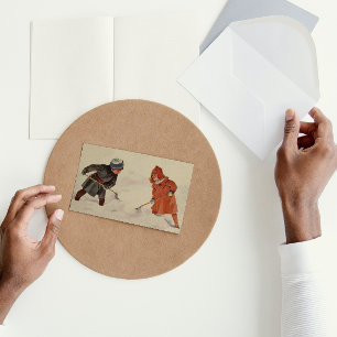 Vintage Christmas Winter Boy Girl Playing Snow Holiday Postcard