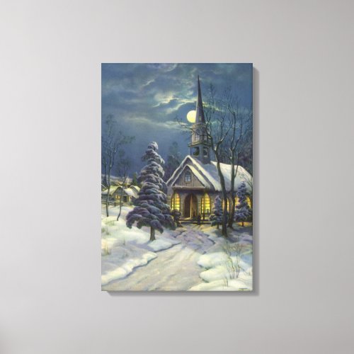 Vintage Christmas Winter Church in Snow with Moon Canvas Print