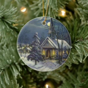 Vintage Christmas, Winter Church in Snow with Moon Ceramic Ornament