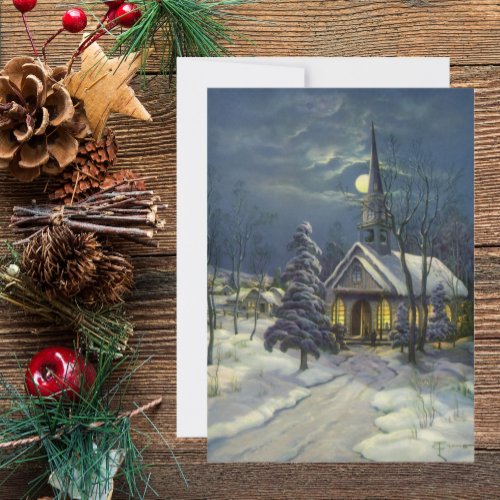 Vintage Christmas Winter Church in Snow with Moon Holiday Card