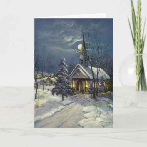 Vintage Christmas Winter Church in Snow with Moon Holiday Card