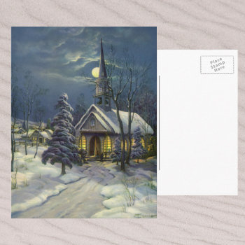 Vintage Christmas  Winter Church In Snow With Moon Holiday Postcard by ChristmasCafe at Zazzle