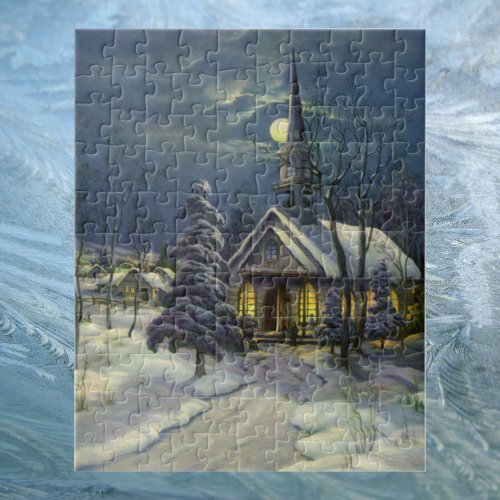 Vintage Christmas Winter Church in Snow with Moon Jigsaw Puzzle