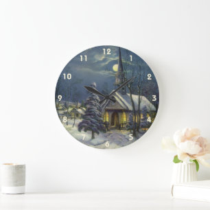Vintage Christmas, Winter Church in Snow with Moon Large Clock