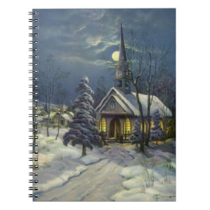Vintage Christmas, Winter Church in Snow with Moon Notebook