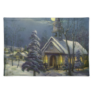 Vintage Christmas, Winter Church in Snow with Moon Placemat