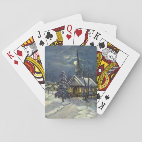 Vintage Christmas Winter Church in Snow with Moon Poker Cards