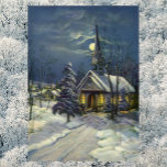 Vintage Christmas, Winter Church in Snow with Moon Poster<br><div class="desc">Vintage illustration Christmas holiday religious image featuring a church Snowscape at night. This cute chapel is at the end of a road with the light of a full moon on a snow covered landscape with trees.</div>