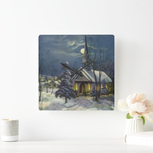 Vintage Christmas Winter Church in Snow with Moon Square Wall Clock