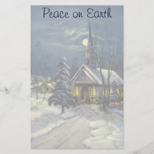 Vintage Christmas, Winter Church in Snow with Moon Stationery
