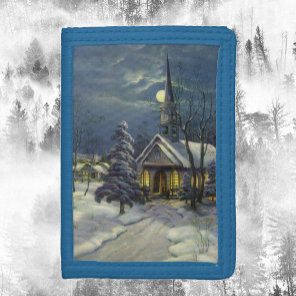 Vintage Christmas, Winter Church in Snow with Moon Tri-fold Wallet