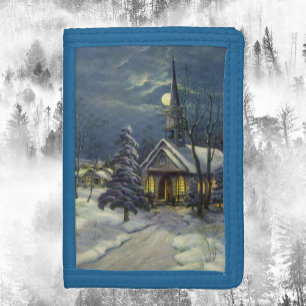 Vintage Christmas, Winter Church in Snow with Moon Tri-fold Wallet