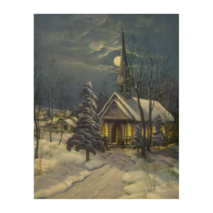 Vintage Christmas, Winter Church in Snow with Moon Wood Wall Decor