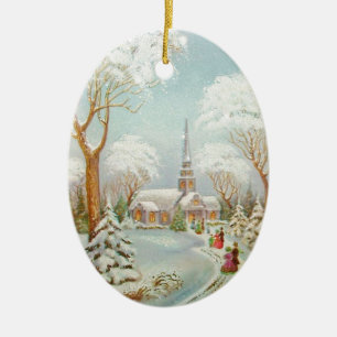 Vintage Christmas Winter Church Scene Ceramic Ornament
