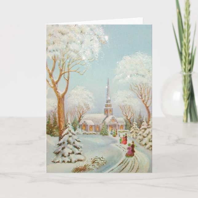 Vintage Christmas Winter Church Scene Holiday Card (Front)