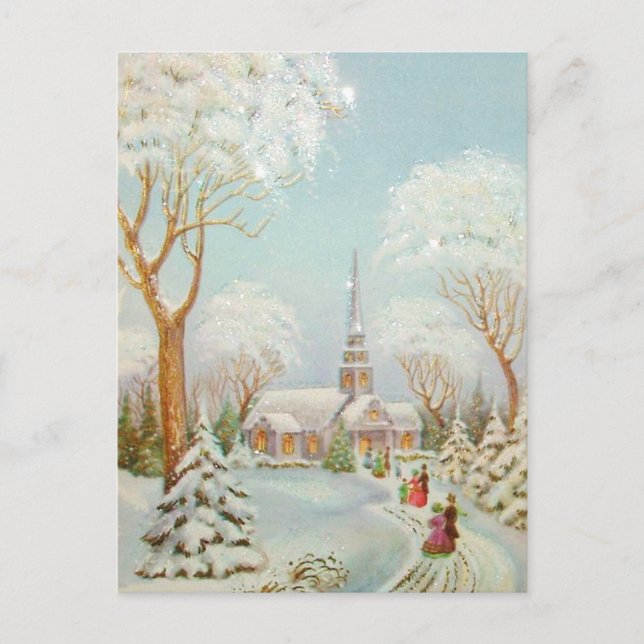 Vintage Christmas Winter Church Scene Holiday Postcard (Front)