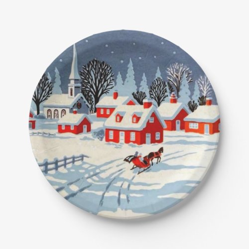 Vintage Christmas Winter Country Village Snow Paper Plates
