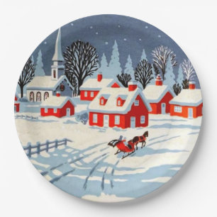 Vintage Christmas Winter Country Village Snow Paper Plates