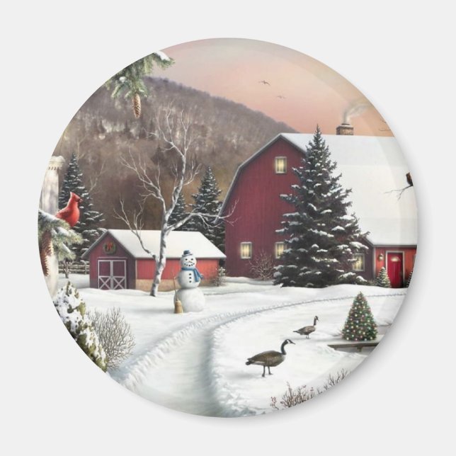 Vintage Christmas Winter Farm Magnet (Front)
