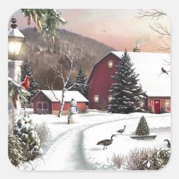Vintage Christmas Winter Farm Square Sticker by Timeless_Treasures at Zazzle