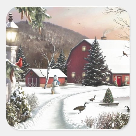 Vintage Christmas Winter Farm Square Sticker