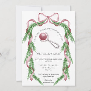 Vintage Christmas Winter Greenery Pink Bow Invitation
