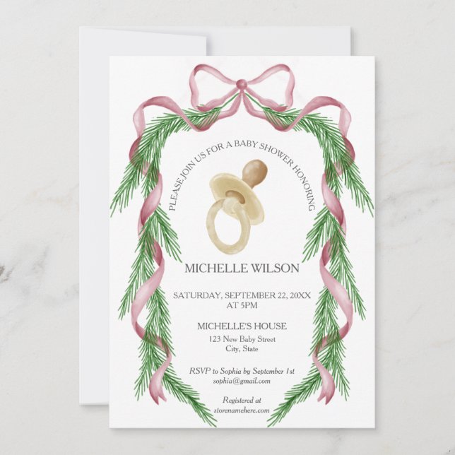Vintage Christmas Winter Greenery Pink Bow  Invitation (Front)
