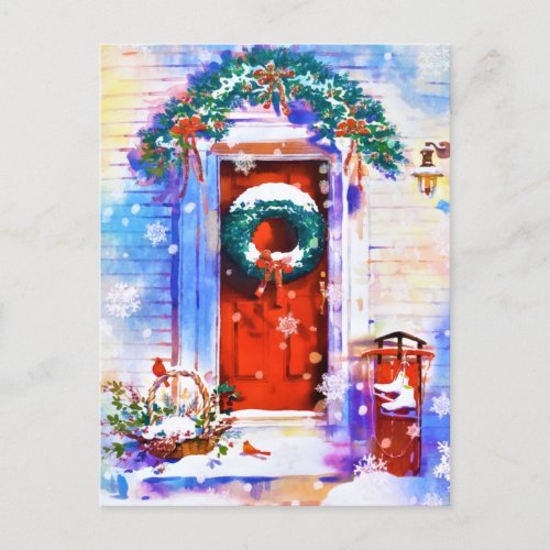 Vintage Christmas Winter Red Home Door Watercolor Holiday Postcard