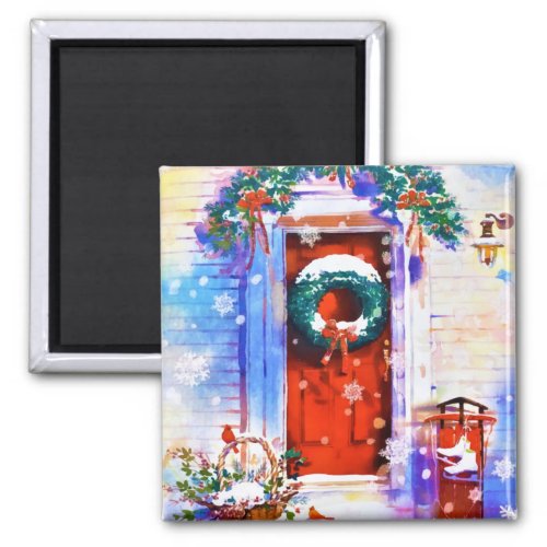 Vintage Christmas Winter Red Home Door Watercolor Magnet