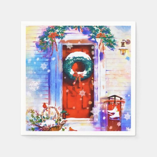 Vintage Christmas Winter Red Home Door Watercolor Napkins