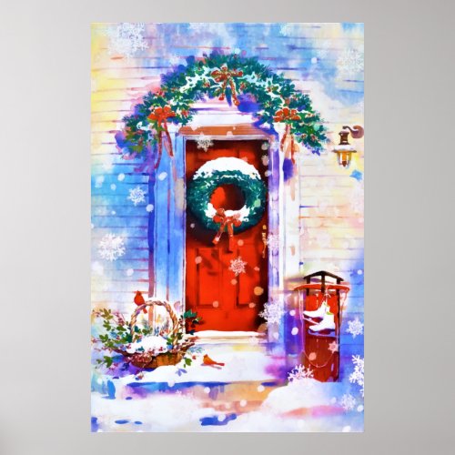 Vintage Christmas Winter Red Home Door Watercolor Poster