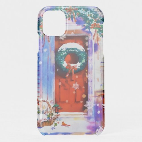 Vintage Christmas Winter Red Home Door Watercolor iPhone 11 Case