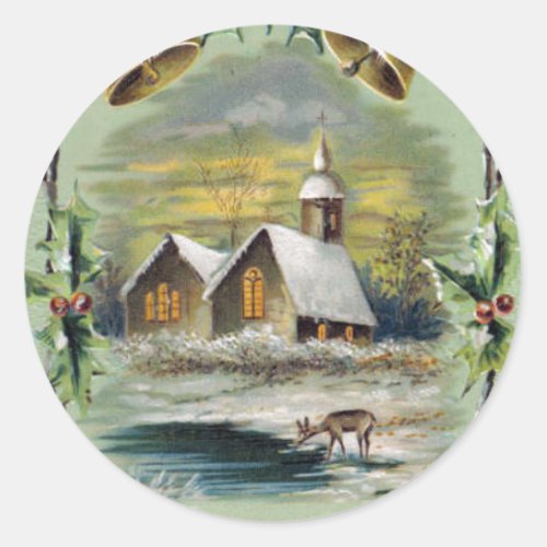 Vintage Christmas Winter Scene Classic Round Sticker