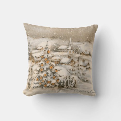 Vintage Christmas Winter Scene Cream  White Throw Pillow