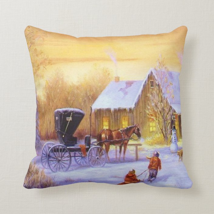 Vintage Christmas Winter Scene Pillow | Zazzle.com