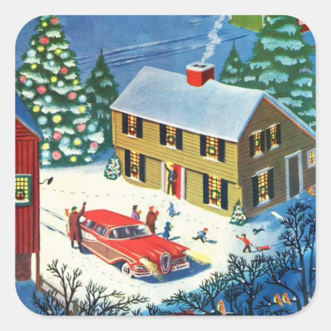 Vintage Christmas Winter Scene Square Sticker (Front)