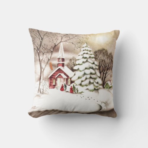 Vintage Christmas Winter Scene Throw Pillow
