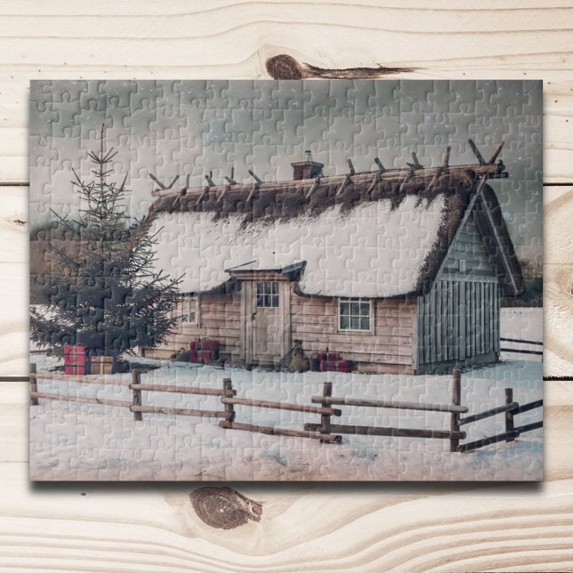 Vintage Christmas Winter Scene with Cabin Jigsaw Puzzle (Vintage Christmas Winter Scene with Cabin Jigsaw Puzzle)